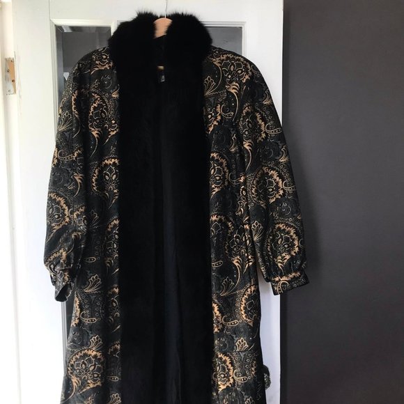 Vintage RADLEE Fox Fur Duster Coat - Paisley Leather Black + GoldDesign - Size M - Picture 1 of 5